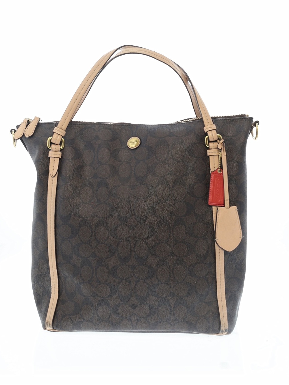 Coach Brown and Tan Logo Tote with Red Accent Tag